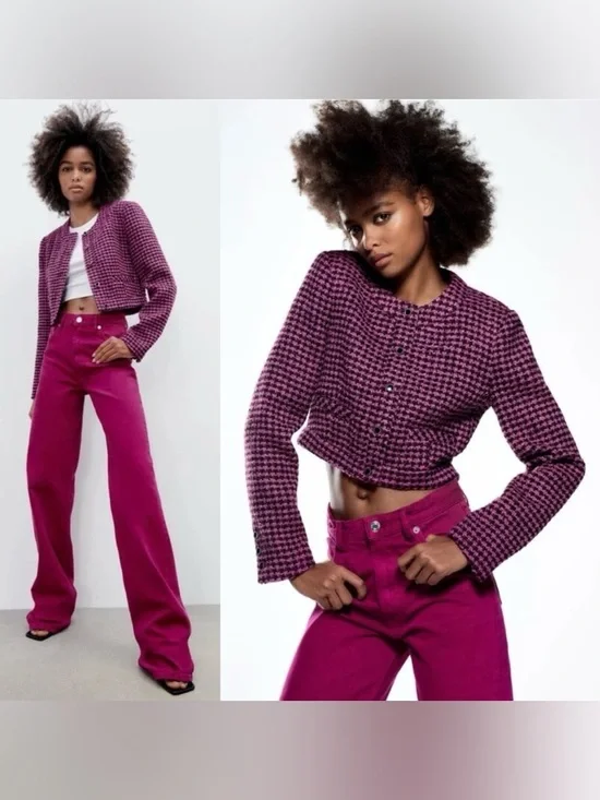 NWT ZARA Pink Houndstooth Cropped Fitted Tweed Jacket/ Blazer. Size M - Picture 1 of 14